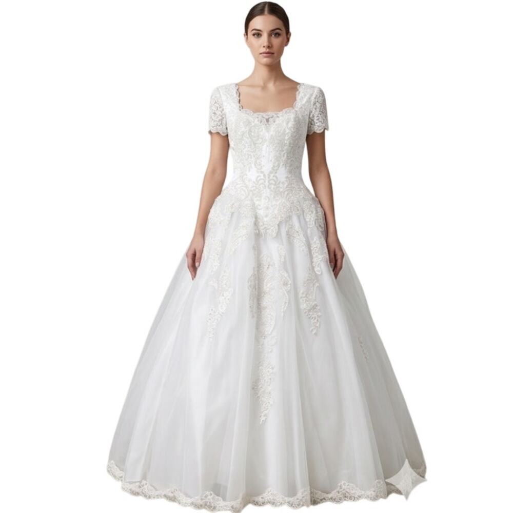 VTG Oleg Cassini Wedding Dress White Heavy Pearl Beaded Chapel Train Size 4 NWOT - Picture 2 of 8